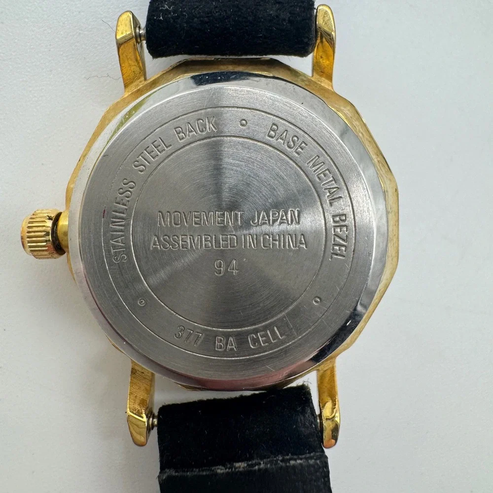 Carriage by Timex Womens Watch Gold Tone Decagon Mother‎ of Pearl Black Leather